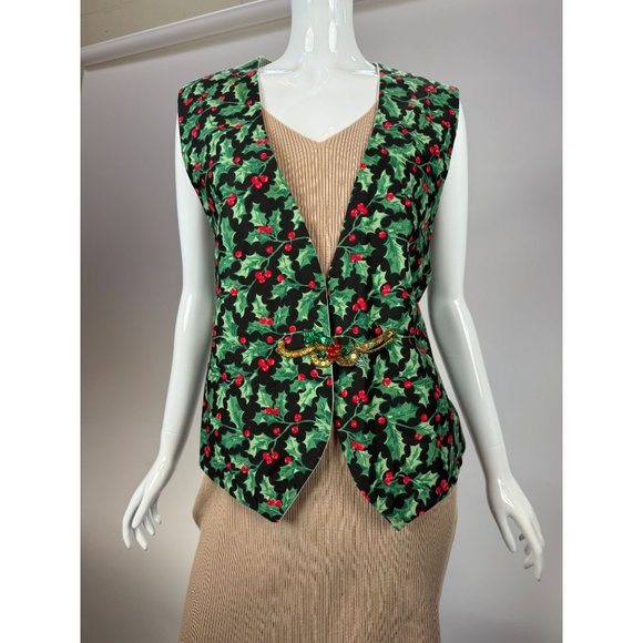 Vintage Holiday Holly Vest - blemish on shoulder OS Green Holly Cotton Blend - Picture 1 of 16